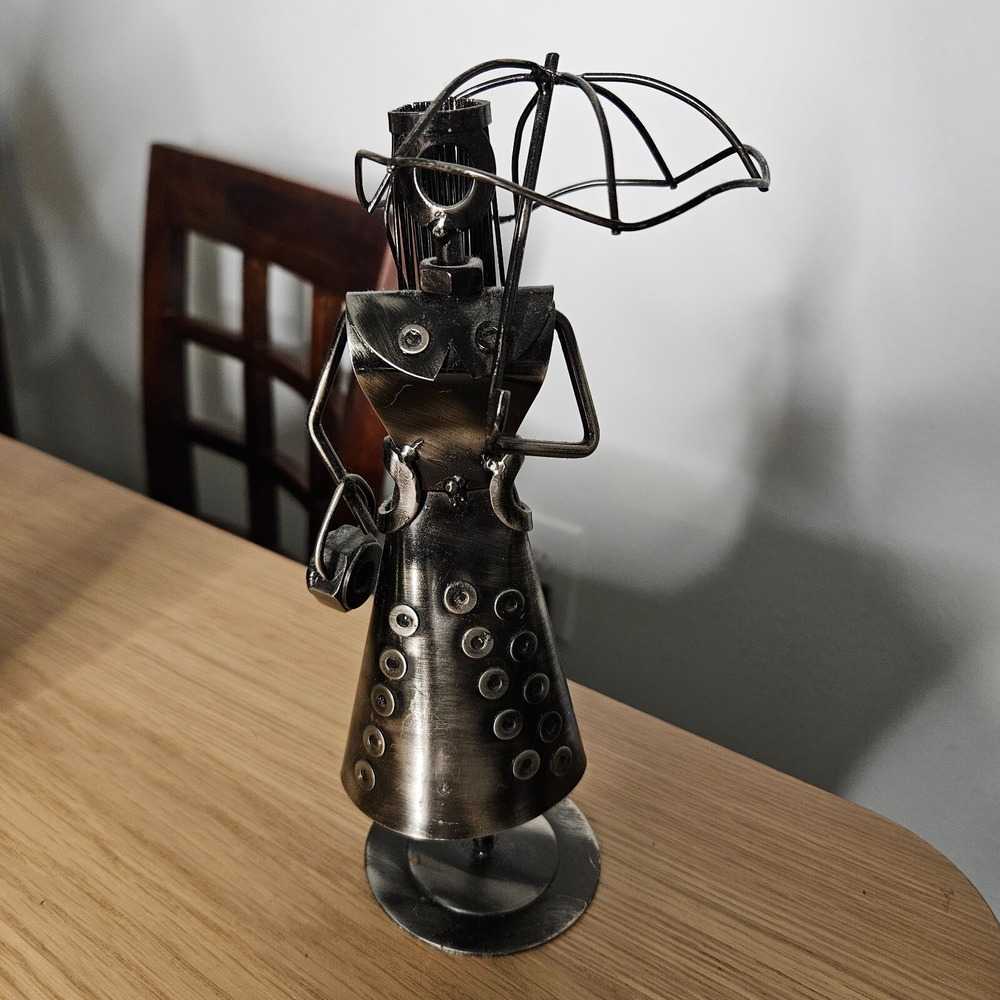 Metal Lady Sculpture with Umbrella Decorative Figurine Home Decor Art